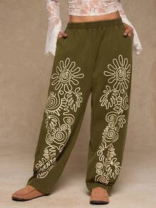 Freevana Pantalones largos informales de talla grande para mujer con estampado de copos de nieve y girasoles - Verde militar - Ver 4