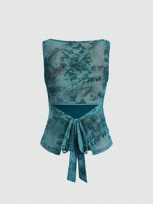 Sweetra 全新秋季网眼植绒复古蝴蝶结设计 Y2K 性感女式吊带背心，日常穿着 - 藍色 - 查看 2