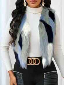 SHEIN Lady Plus Size Fashionable Commuter Colorblock Sleeveless Jacket, Autumn/Winter - White - View 6