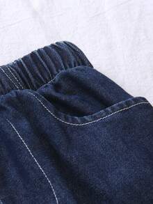 Genkimix Kids 2pcs/Set Young Girls Cute Denim Look Long Sleeve Top With Ruffle Decor & Loose Fit Denim Pants Set, 2 In 1 Design, Comfortable & Versatile For Daily Wear, Vacation, Outing, School, Party