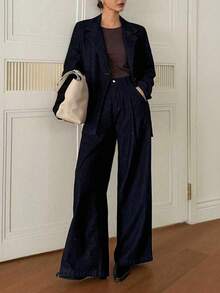 DAZY Women's Cinched Waist Waist Blazer Jacket And Straight Leg Casual Jeans Pants 2 Pieces Set - Dark Wash - View 6