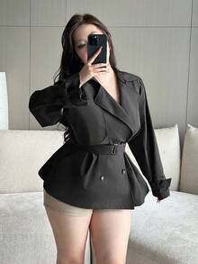 Flirla Elegant Solid Color Belted Slim Fit Button Decor Casual Minimalist A-Line Windbreaker