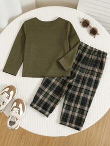 SHEIN 2pcs/Set Toddler Boys' Casual Long Sleeve Top And Pants Pajama Set - Army Green - View 2