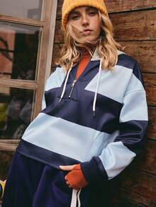 Medorelle Casual Loose Striped Hooded Long Sleeve Sweatshirt For Women Autumn/Winter Striped Pattern Women Knitted Sweatshirt, Suitable For Autumn/Winter Women Striped Sweatshirts Blue Striped Sweatshirt Women Sports Leisure Cozy Long Sleeve Tops Fall Clothes For Women Jersey Sweatshirt Back To School Autumn Winter Cosy Fall Nautical Clothing For Women Sweatshirt For Women Oversized Sweatshirt Woman Women Sweatshirts Blue Sweatshirt - Multicolor - View 1