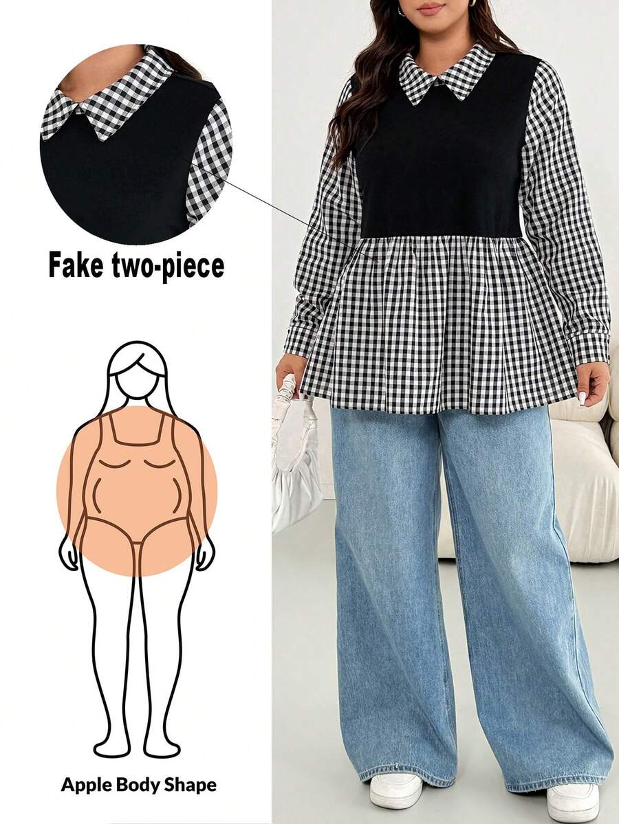 SHEIN Essnce 大码女士秋冬时尚休闲宽松舒适日常黑白格子拼接黑色长袖收腰两用上衣,秋季工作上衣 - 黑與白 - 查看 1