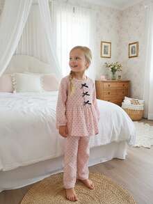 2pcs Young Girls Bubble Crinkle Print Long Sleeve Top And Pants Soft Polka Dot Bow Pajama Set, All Season - Baby Pink - View 3
