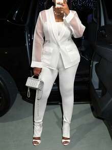 Slaydiva Noutăți Toamnă/Iarnă 2025 Haine pentru femei, Costume de Halloween pentru festivaluri de muzică, Rochii de ziua de naștere, Ținute casual de bază, Timp liber, Călătorii în croazieră, Plajă, Baie de soare, Hituri virale, Streetwear, Punk, Club, Blazer alb transparent din organza, model patchwork, cu pantaloni evazați mulați, Ținute de club sexy transparente, Seturi de lounge mărime mare