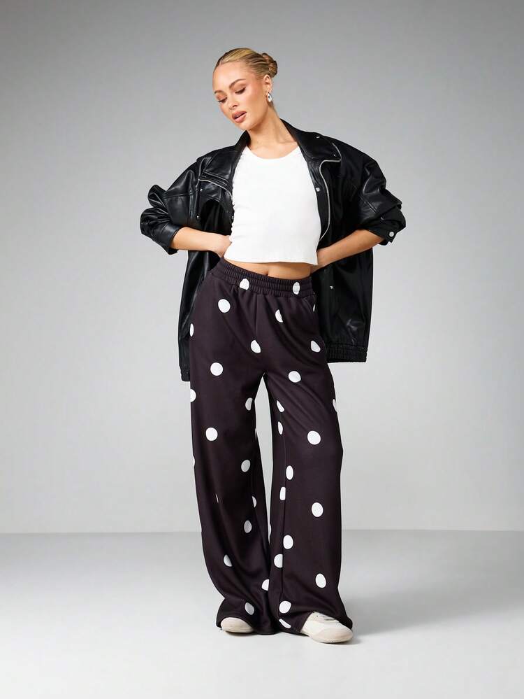 MISSGUIDED Wide Leg Polka Dot Sweatpants For Casual Lounge Comfort With High Waist Drawstring