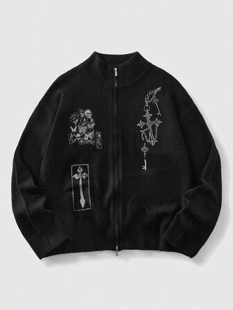 Street Life Cardigan de punto con cuello de tripulación, cierre de cremallera, gráfico de cruz oscura y calavera, para hombre