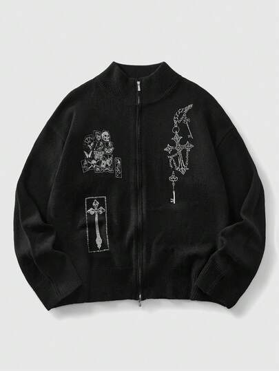 Street Life Cardigan de punto con cuello de tripulación, cierre de cremallera, gráfico de cruz oscura y calavera, para hombre