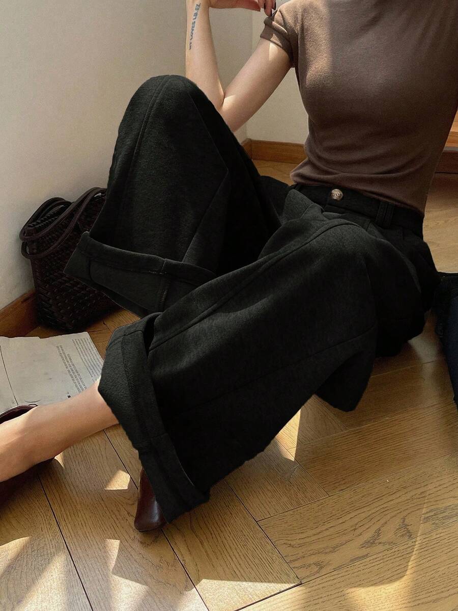 DAZY 女士宽松纯色直筒休闲裤，加厚秋冬西装裤 - 黑色 - 查看 1