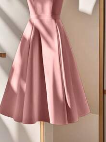 Franclia Vestido midi elegante para mulheres, cor sólida, decote entalhado, manga curta