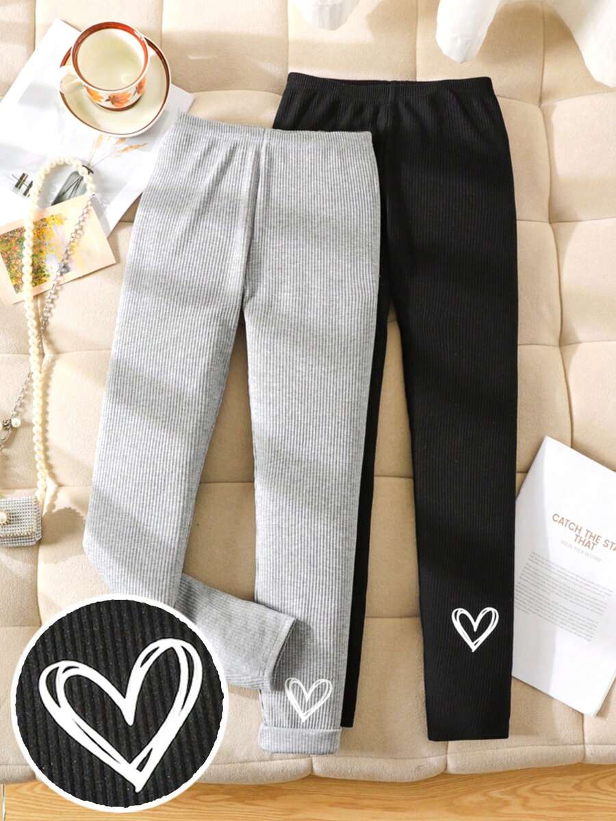 SHEIN Tween Girls Black And Grey Heart Printed High Waist Elastic Compression Fleece Leggings 2pieces Set, Slim Fit Yoga Pants, Autumn Winter Daily Wear - Black - View 1