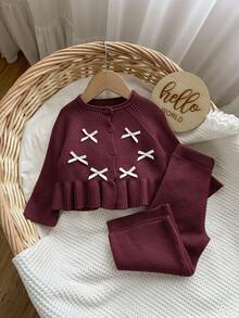 SHEIN Baby Girl Casual Bow Decor Ruffle Hem Sweater And Pants Set, Autumn/Winter - Burgundy - View 3