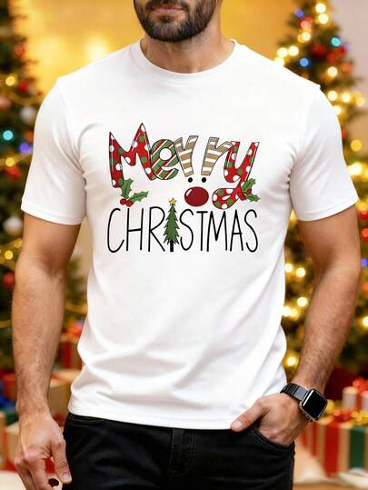 Camiseta Papai Noel de Natal, Camiseta Masculina com Estampa de Natal/Papai Noel - 100% Poliéster, Gola Careca de Manga Curta Casual, Lavável em Máquina, Ideal para Tops Casuais de Natal Masculinos/Adequado para Natal em Família/Festa de Natal//Estilo Casual de Natal//Camiseta com Estampa de Natal/Tops Combinando para Casais Camiseta de Natal Masculina