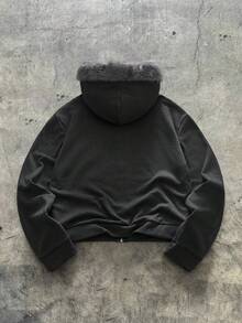 AXEPEAK 美式黑色毛领连帽衫，小众设计修身短款卫衣，男士长袖上衣 - 灰色 - 查看 2