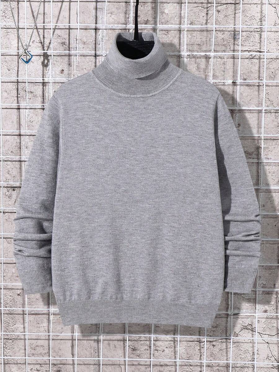 SHEIN كنزة صوفية كاجوال بياقة عالية بأكمام طويلة ذات لون واحد للفتيان المراهقين، خريف/شتاء - رمادي فاتح - مشاهدة 1