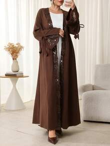 Al Najma Áo khoác nữ thời trang, thu/đông, tay loe màu nâu sô cô la thanh lịch, ren tương phản, hở phía trước, viền loe - màu nâu - Xem 6