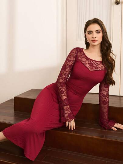 Moireta Mature Charm Bodycon Dress, French Elegante Kanten Patchwork Verleidelijke Women Nightgown Dress Rood Ribbed Figure Flattering Long Sleeve
