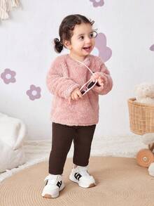 SHEIN Babygirl Elastic Waist Solid Color Knit Pants,Shades Of Brown,Winter,Casual,Work,Versatile All-Match Style For Outdoor,Sports,Play,Party,Photography - Coffee Brown - View 4