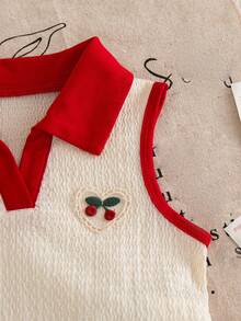 Genkimix Kids 2件套女童夏季新款杏色针织面料翻领拼接爱心装饰背心上衣和牛仔短裙，荷叶边刺绣樱桃花卉复古可爱套装