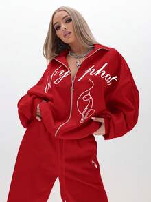 BABYPHAT Oversized Zip Up Hooded Sweatshirt With Script Print And High Neck For Casual Winter Streetwear - Red - View 1