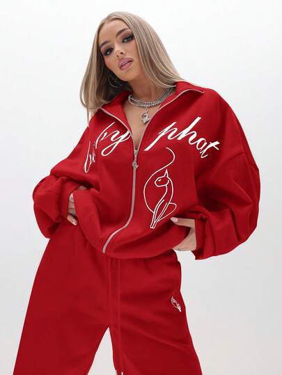 BABYPHAT Sudadera con capucha y cremallera oversize con estampado de texto y cuello alto para uso casual en invierno
