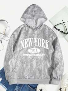 Casual Loose Comfortable Sweatshirt For Teen Girls, Autumn/Winter Classic Cool Gray Natural Withered Branch Leaf Print Sweatshirt Classic City Name Text Print Sweatshirt - Multicolor - View 2