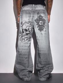 ROMWE MEN Goth 男士宽松休闲骷髅印花口袋阔腿牛仔裤 - 灰色 - 查看 2