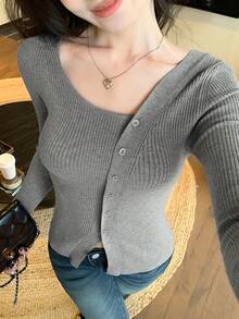DAZY 女士纯色不对称领长袖单排扣针织开衫，秋冬款 - 灰色 - 查看 5