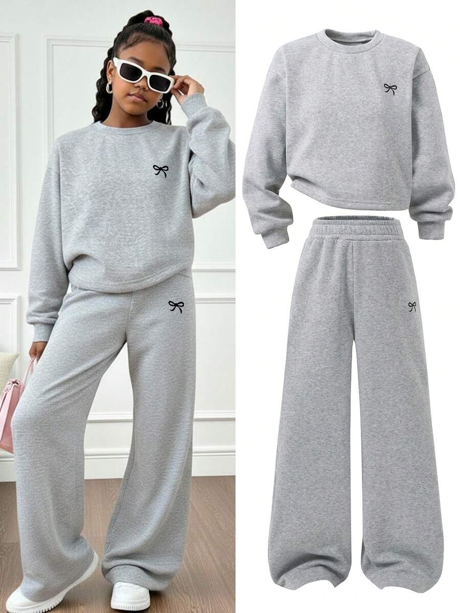 SHEIN 青少年女孩休闲基本款百搭日常校园运动街头水洗雪花花卉印花圆领短款宽松运动衫 + 阔腿裤套装 - 灰色 - 查看 1