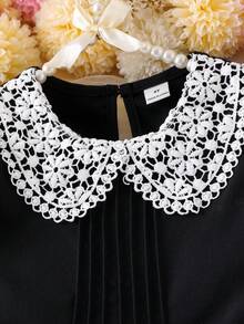 SHEIN Elladie kids Young Girl Cute White Lace Trim Long Sleeve Comfortable Black Autumn/Winter Dress - Black - View 5