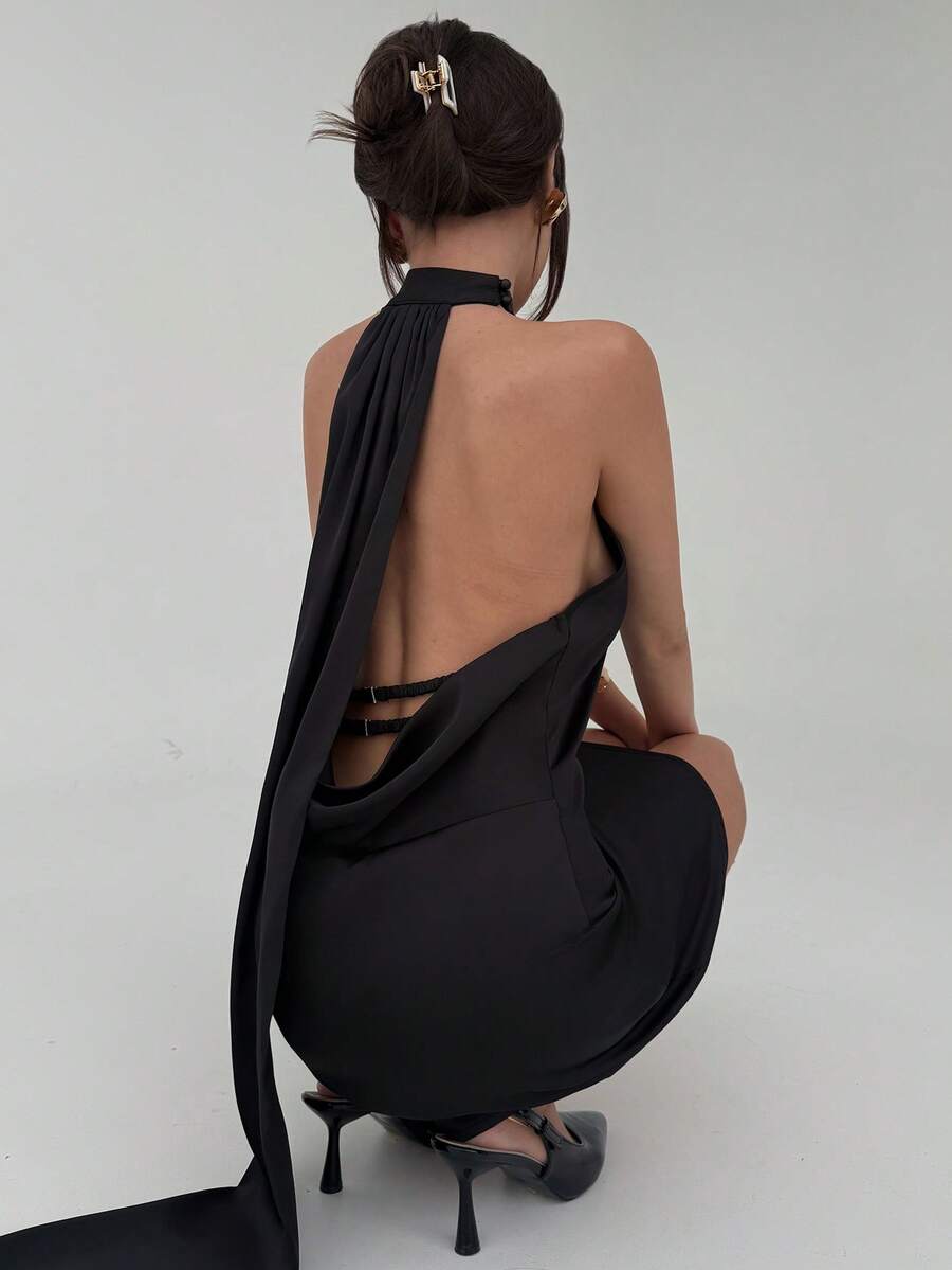 Aloruh Women's Halter Backless Metal Decor A-Line Sexy Party Mini Satin Dress - Black - View 1