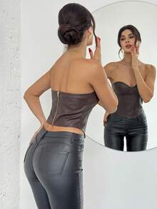 Firerie 女士棕色时尚性感派对PU抹胸露脐上衣，皮革束身衣，棕色上衣，夜店上衣，俱乐部上衣，棕色束身衣，派对上衣，皮革上衣，冬季上衣，抹胸束身衣，圣诞节上衣，新年上衣，情人节上衣 - 棕色 - 查看 8