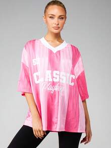 Missguided x Playboy V Neck Tie Dye Football Jersey Top With Number Print Short Sleeve Oversized Classic Tee For Spring Summer Casual - Multicolor - View 6