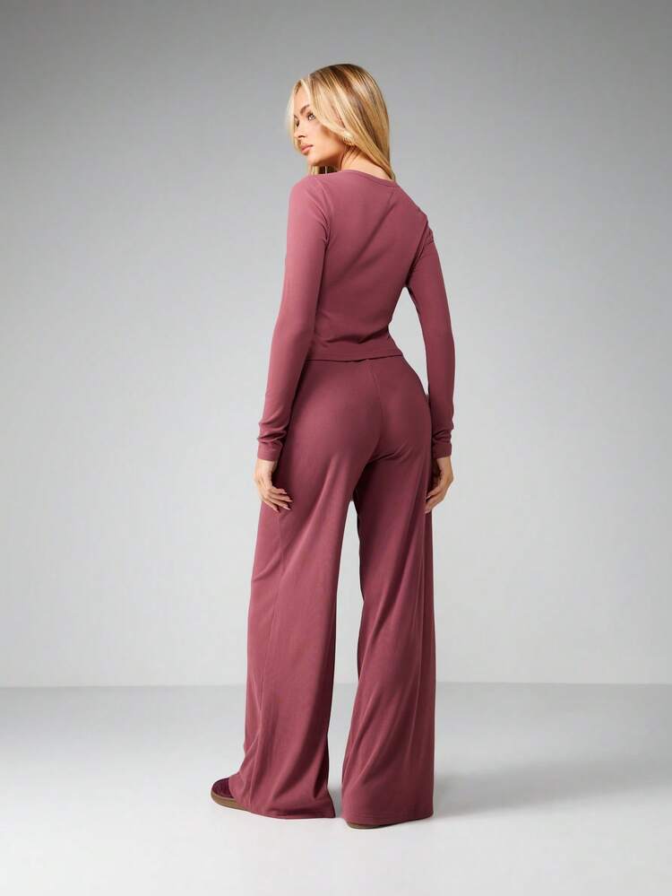 MISSGUIDED Ribbed Lounge Set Long Sleeve Henley Top Wide Leg Palazzo Pants Matching Coordinated Two Piece Outfit