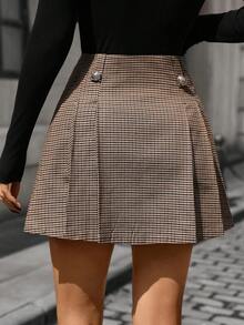 Ellegaria. 女士格子印花褶裥优雅A字裙 - 卡其色 - 查看 2