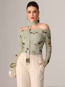Modelyn Áo thun lưới mỏng dệt kim in ruy băng gợi cảm mùa thu - màu xanh lá - Xem 4