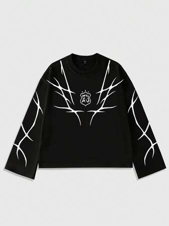 Street Life قميص تي شيرت كاجوال بياقة طاقم وأكمام طويلة بطبعة جوتيك للرجال