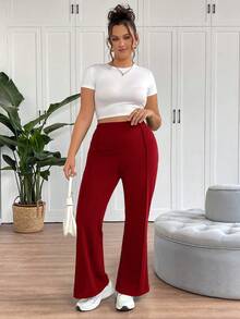 SHEIN Tall CURVE 大码女士简约日常喇叭裤套装 - 酒紅色 - 查看 6