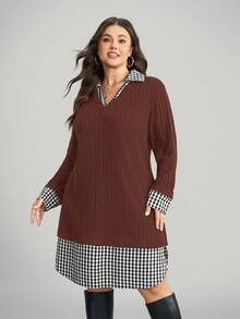SHEIN LUNE Vestido casual holgado de manga larga a cuadros y de punto elástico en talla grande 2 en 1 - Café integral - Ver 3