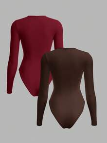 SHEIN BASICS 2pcs/Set Casual Solid Color Knit Crew Neck Long Sleeve Bodysuit For Women Summer Outfit For Women - Burgundy - View 2