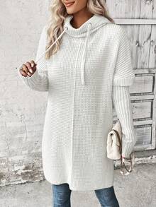 EMERY ROSE Casual Solid Color Loose Fit Long Sleeve Hooded Women Sweaters - White - View 4