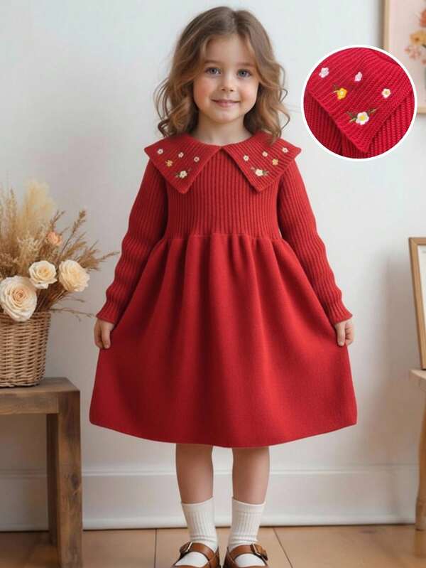 Blossori Vestido de punto con cuello y bordado floral elegante francés para niñas jóvenes