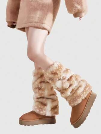 Kawaii 1 Pair Brown Y2K Punk Sexy Deer Print Animal Pattern Cute Bow Fluffy Warm Fashion Wild Handmade Women Leg Warmers, Suitable For College, Shopping, Travel, Christmas, Autumn/Winter Fashion Item