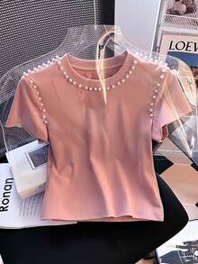 SHEIN Kaos Wanita Leher Bulat Lengan Pendek Regular dengan Hiasan Mutiara - MultiWarna - View 4