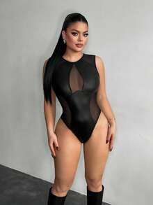 SHEIN SXY Body sexy en maille noire et patchwork de faux