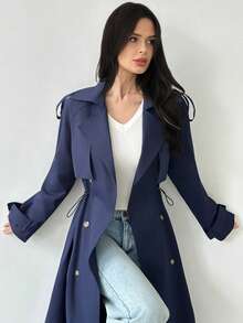 Firerie Women's Elegant Minimalist Casual Commute Daily Street Fashion Urban Chic New Double-Breasted Cinched Waist Elastic Navy Blue Mid-Length Trench Coat, Autumn/Winter - Navy Blue - View 10