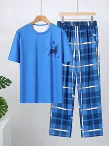 Velminro Men's Deer Print Round Neck Short Sleeve T-Shirt And Plaid Wide Leg Pants Pajama Set Men Matching Set Men 2 Piece Set Men 2pc Set Men 2 Piece Set Cotton Men Pajama Set