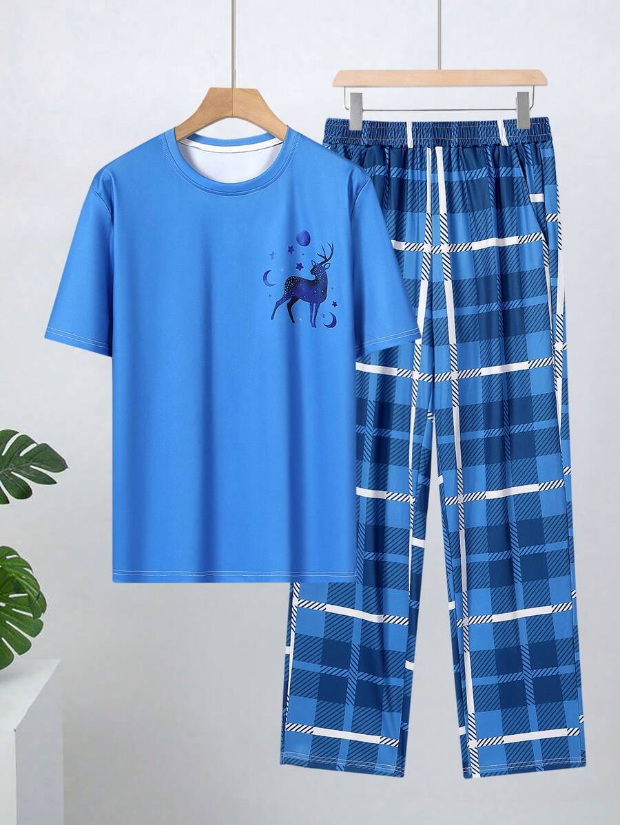 Velminro Men's Deer Print Round Neck Short Sleeve T-Shirt And Plaid Wide Leg Pants Pajama Set Men Matching Set Men 2 Piece Set Men 2pc Set Men 2 Piece Set Cotton Men Pajama Set